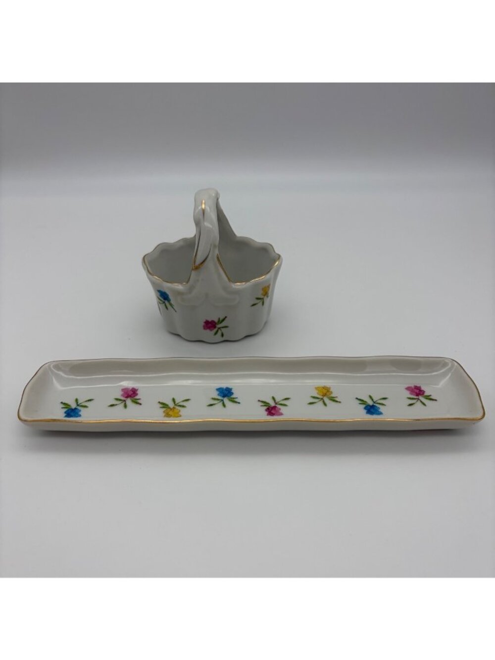 I W Rice Japan Porcelain Floral Dresser Tray Basket Gold Trim Irice Import